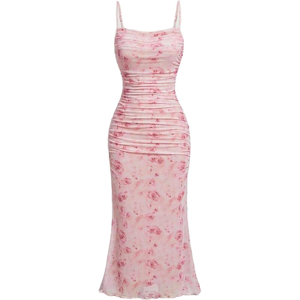 imageWomens Sleeveless Midi Cocktail Party Dress Ruched Bodycon Mesh Wedding Guest DressApink