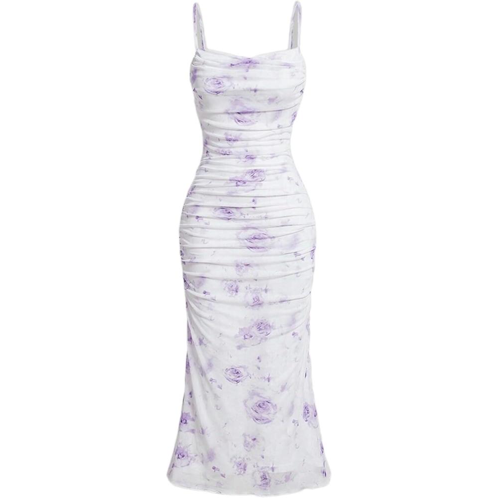 imageWomens Sleeveless Midi Cocktail Party Dress Ruched Bodycon Mesh Wedding Guest DressApurple