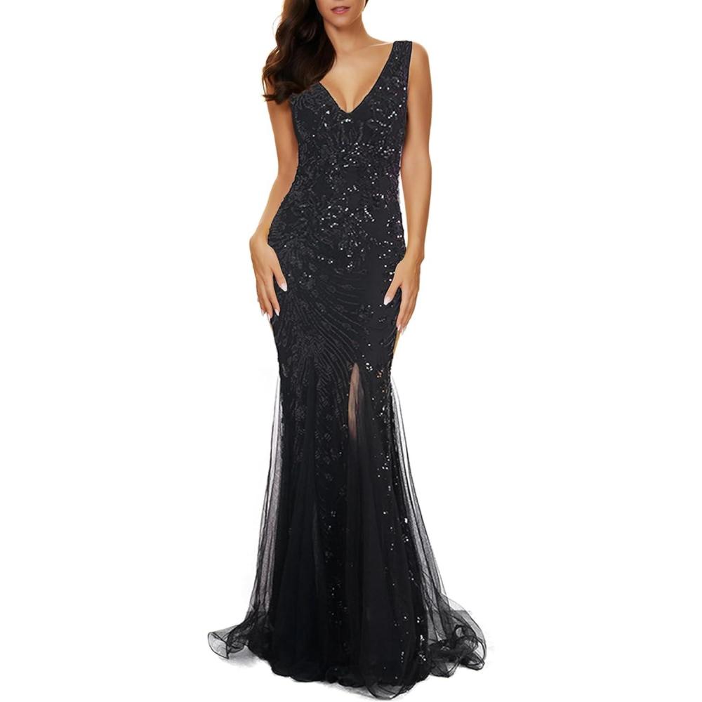 imageWomens Sleeveless Sequins Dresses Mesh Mermaid Maxi Prome Party Dress Wedding Evening DressAblack