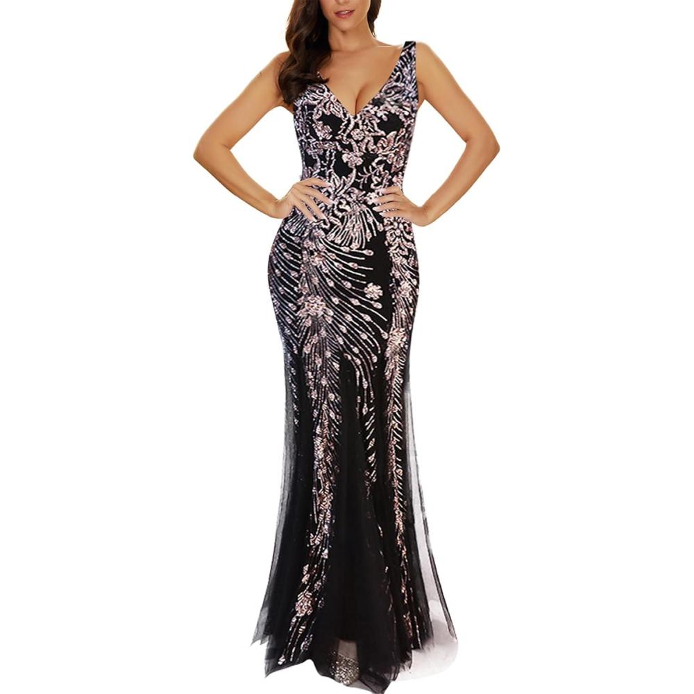 imageWomens Sleeveless Sequins Dresses Mesh Mermaid Maxi Prome Party Dress Wedding Evening DressAblackgold