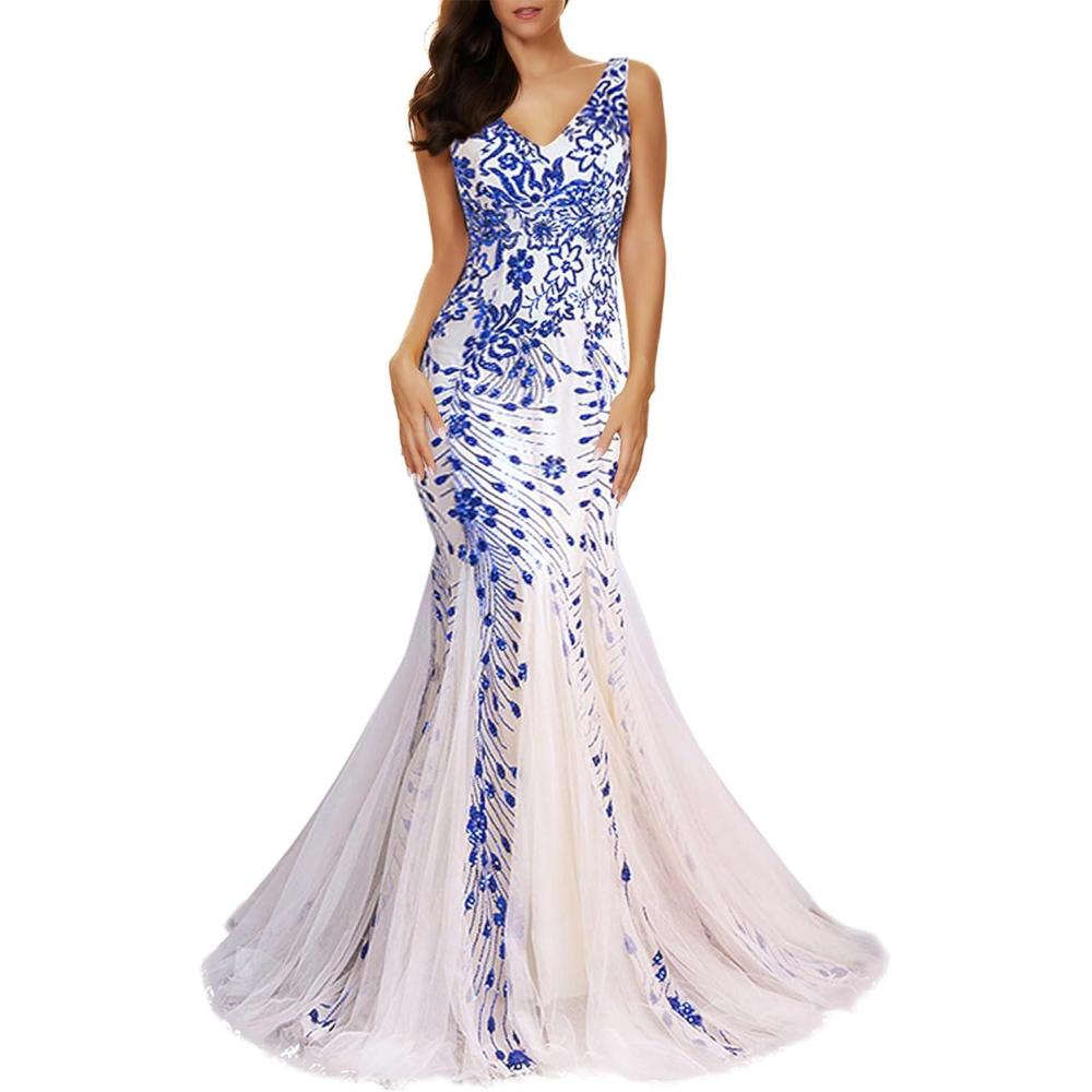 imageWomens Sleeveless Sequins Dresses Mesh Mermaid Maxi Prome Party Dress Wedding Evening DressAblue