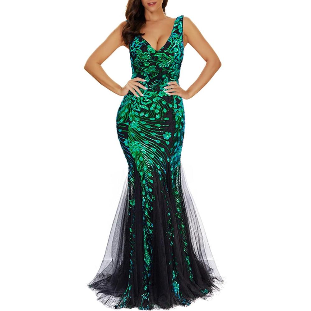 imageWomens Sleeveless Sequins Dresses Mesh Mermaid Maxi Prome Party Dress Wedding Evening DressApeacockgreen
