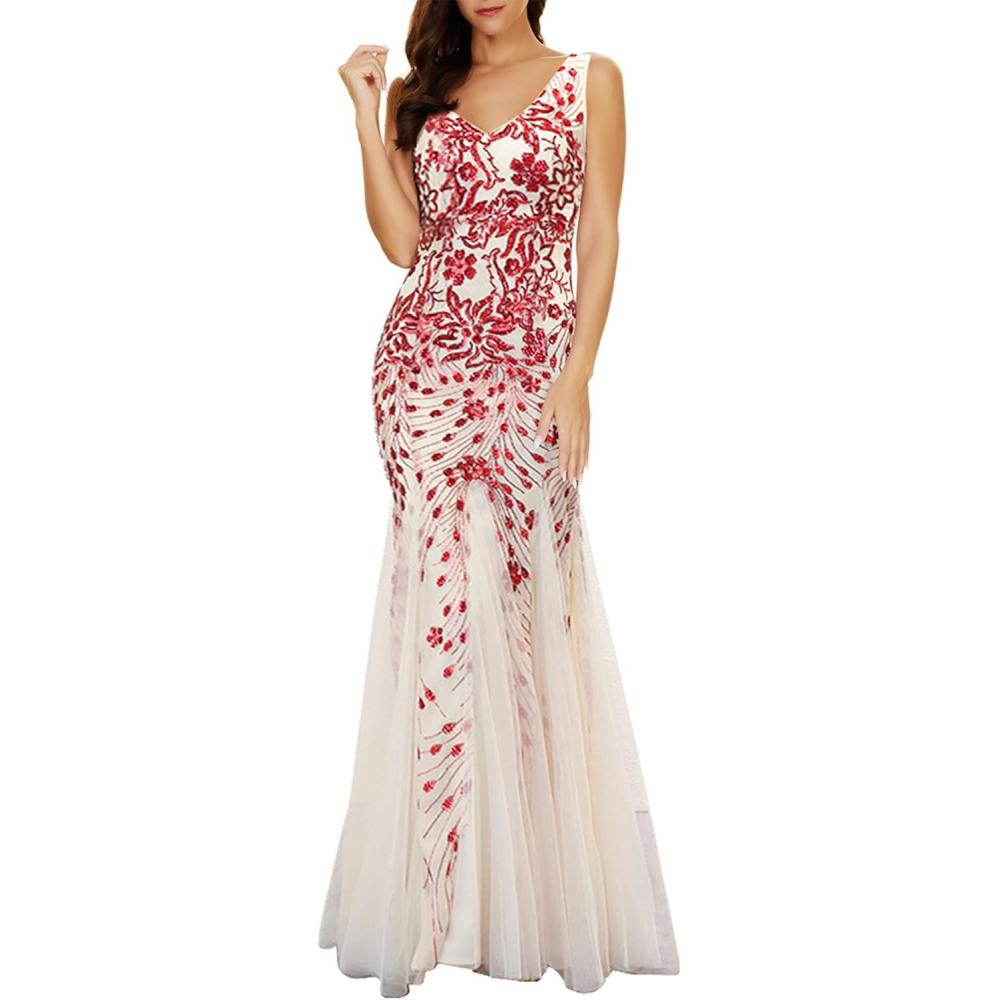 imageWomens Sleeveless Sequins Dresses Mesh Mermaid Maxi Prome Party Dress Wedding Evening DressAred