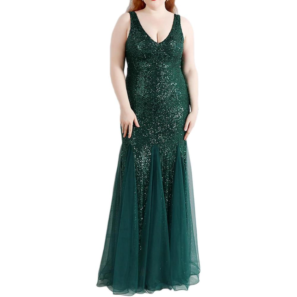 imageWomens Sleeveless Sequins Dresses Mesh Mermaid Maxi Prome Party Dress Wedding Evening DressBgreen