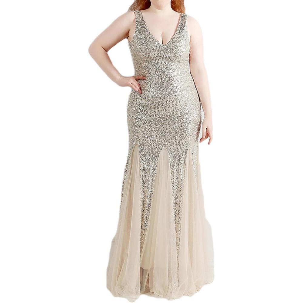 imageWomens Sleeveless Sequins Dresses Mesh Mermaid Maxi Prome Party Dress Wedding Evening DressBsilver