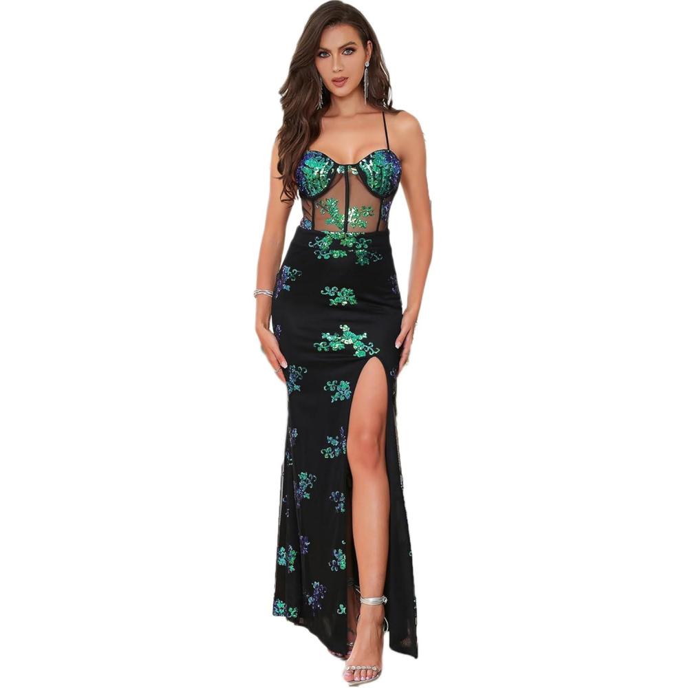 imageWomens Sleeveless Sequins Dresses Mesh Sheer Slit Maxi Prom Party Dress Sexy Wedding Evening DressAblack