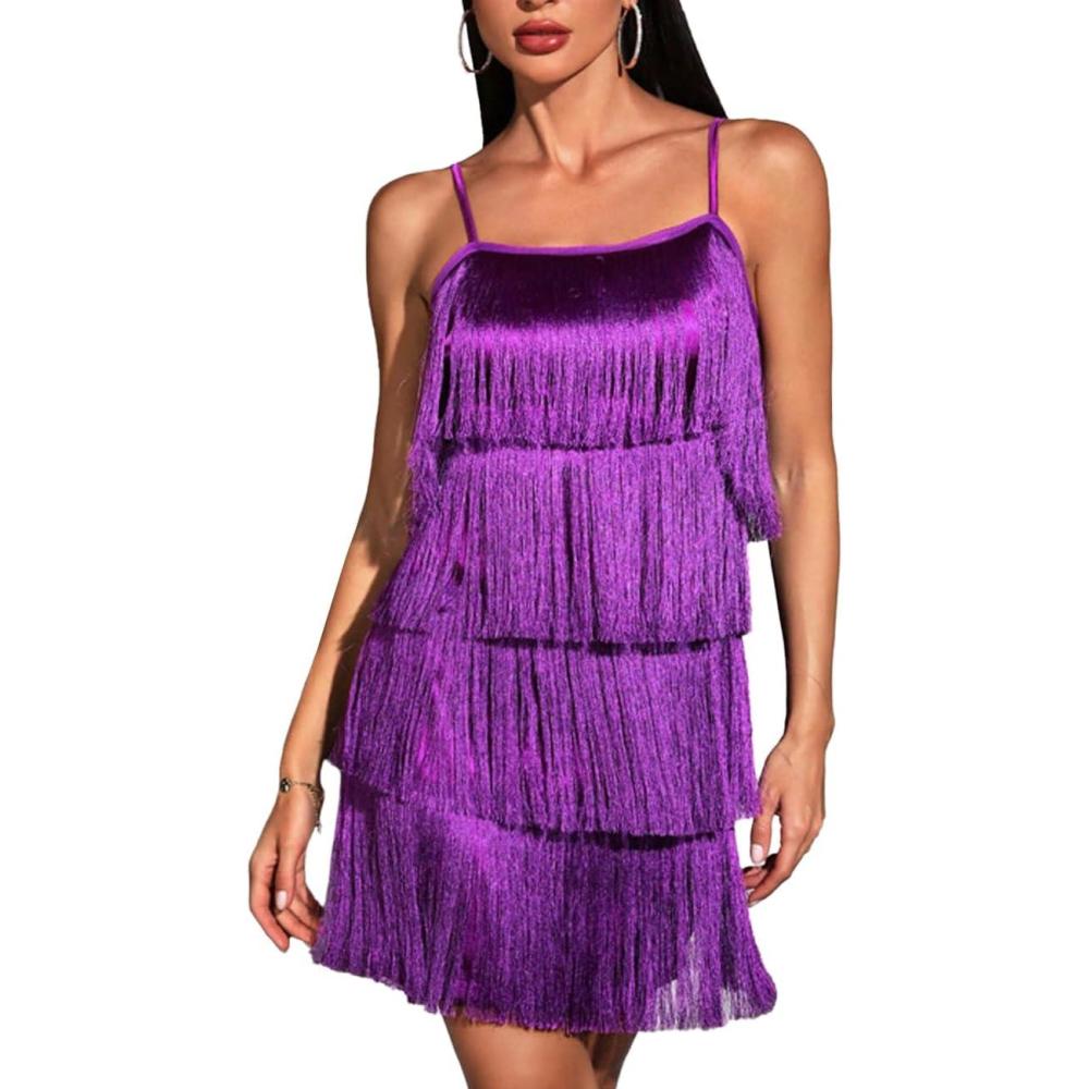 imageWomens Spaghetti Strap Cocktail Dresses Flapper Dresses 20s Gatsby Tassel Short Dresses Prom Party DressBpurple