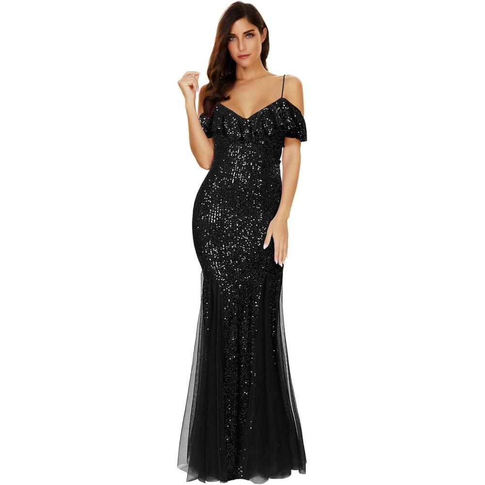 imageWomens Straps Sequins Glitter Ruffled Mesh Maxi Gown Evening Long Prom DressBlack