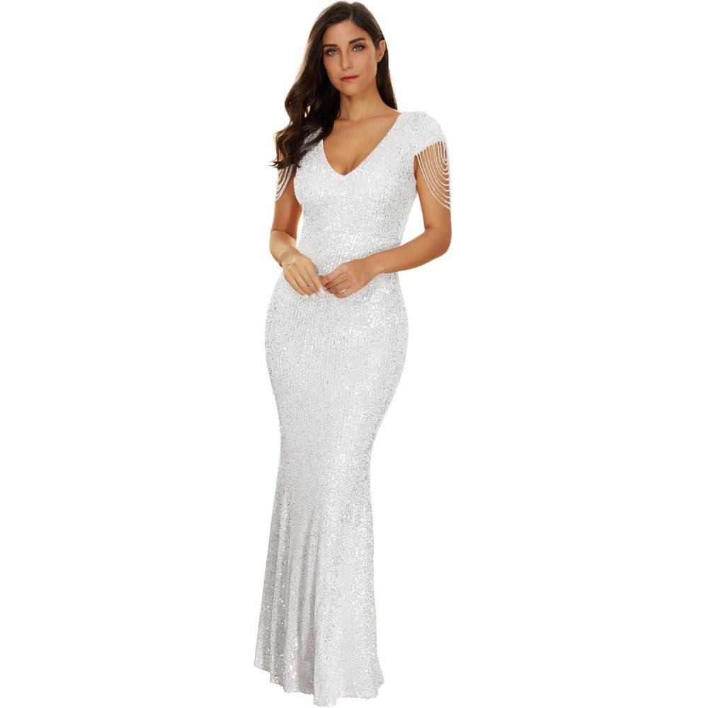 imageWomens V Neck Sequin Formal Evening Dress Tassel Bead Sleeve Mermaid Long Gown 1920S Party Maxi Military DressAsilver