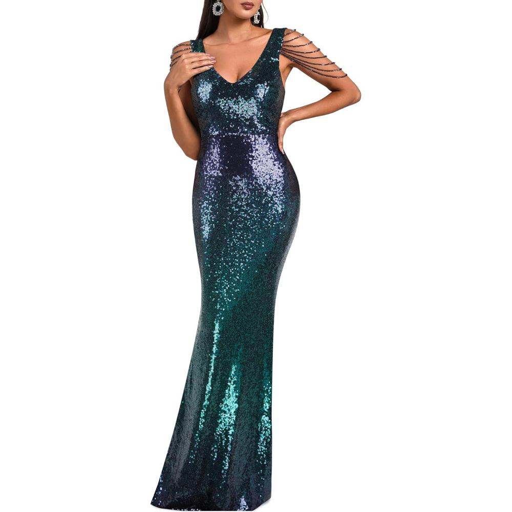 imageWomens V Neck Sequin Formal Evening Dress Tassel Bead Sleeve Mermaid Long Gown 1920S Party Maxi Military DressBbluegreen