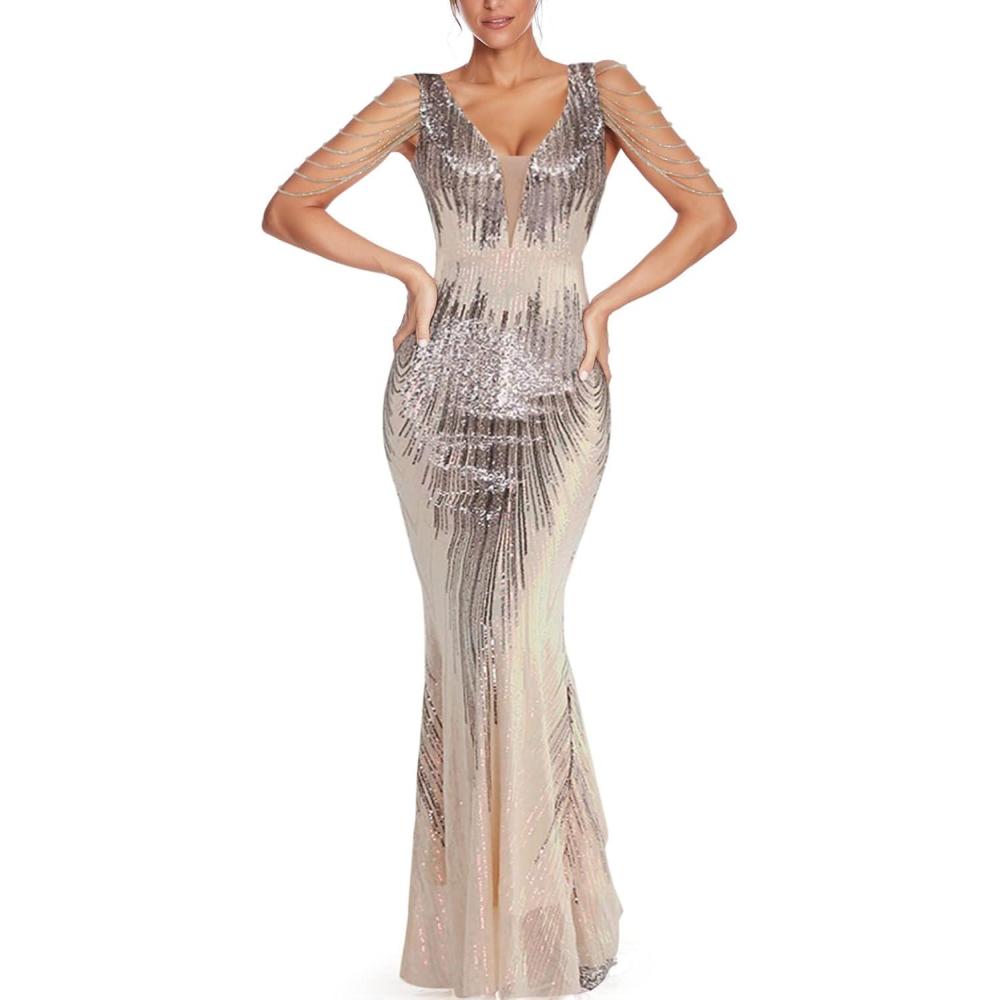 imageWomens V Neck Sequin Formal Evening Dress Tassel Bead Sleeve Mermaid Long Gown 1920S Party Maxi Military DressColorful Beige