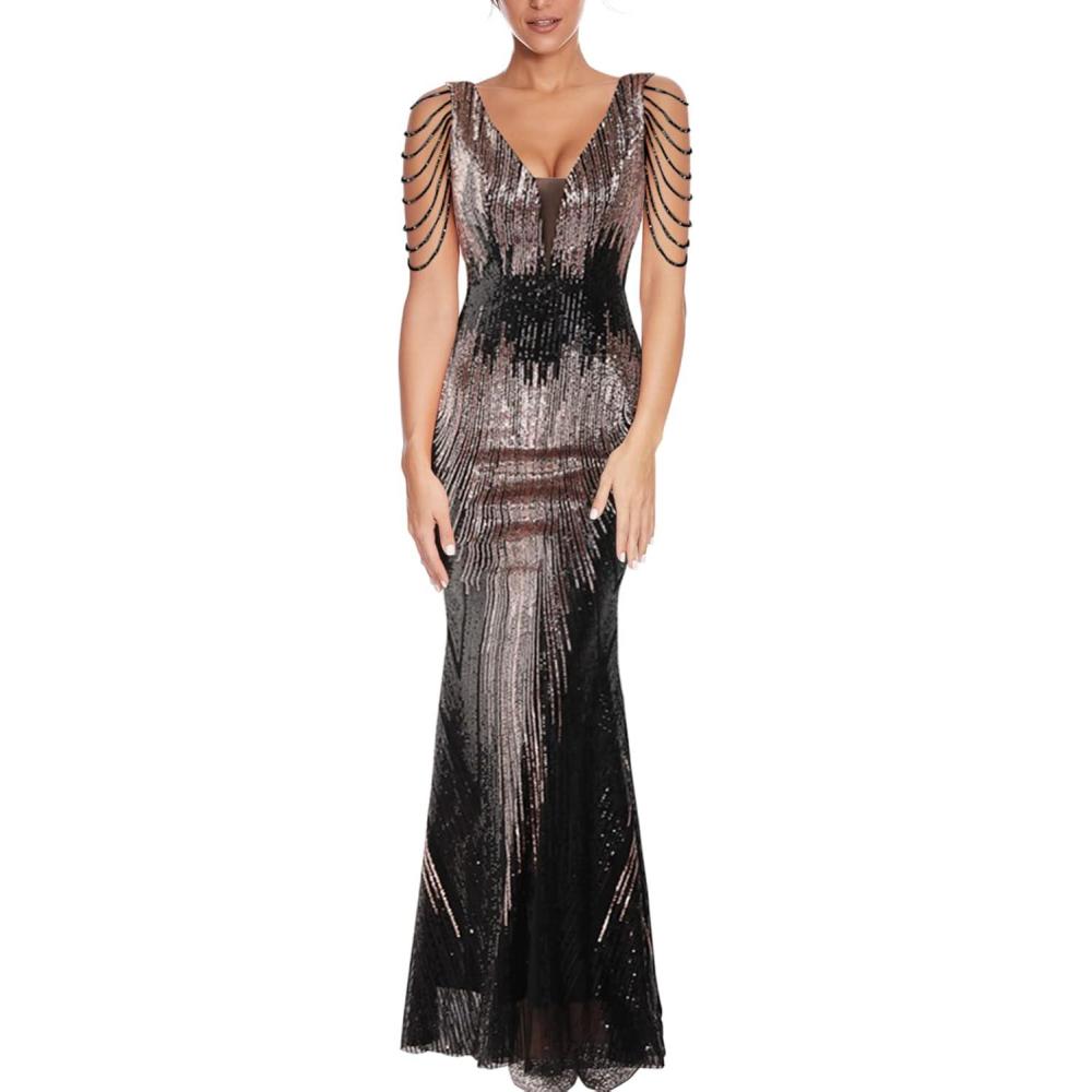 imageWomens V Neck Sequin Formal Evening Dress Tassel Bead Sleeve Mermaid Long Gown 1920S Party Maxi Military DressColorful Black