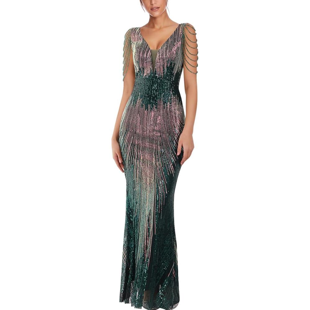 imageWomens V Neck Sequin Formal Evening Dress Tassel Bead Sleeve Mermaid Long Gown 1920S Party Maxi Military DressColorful Green
