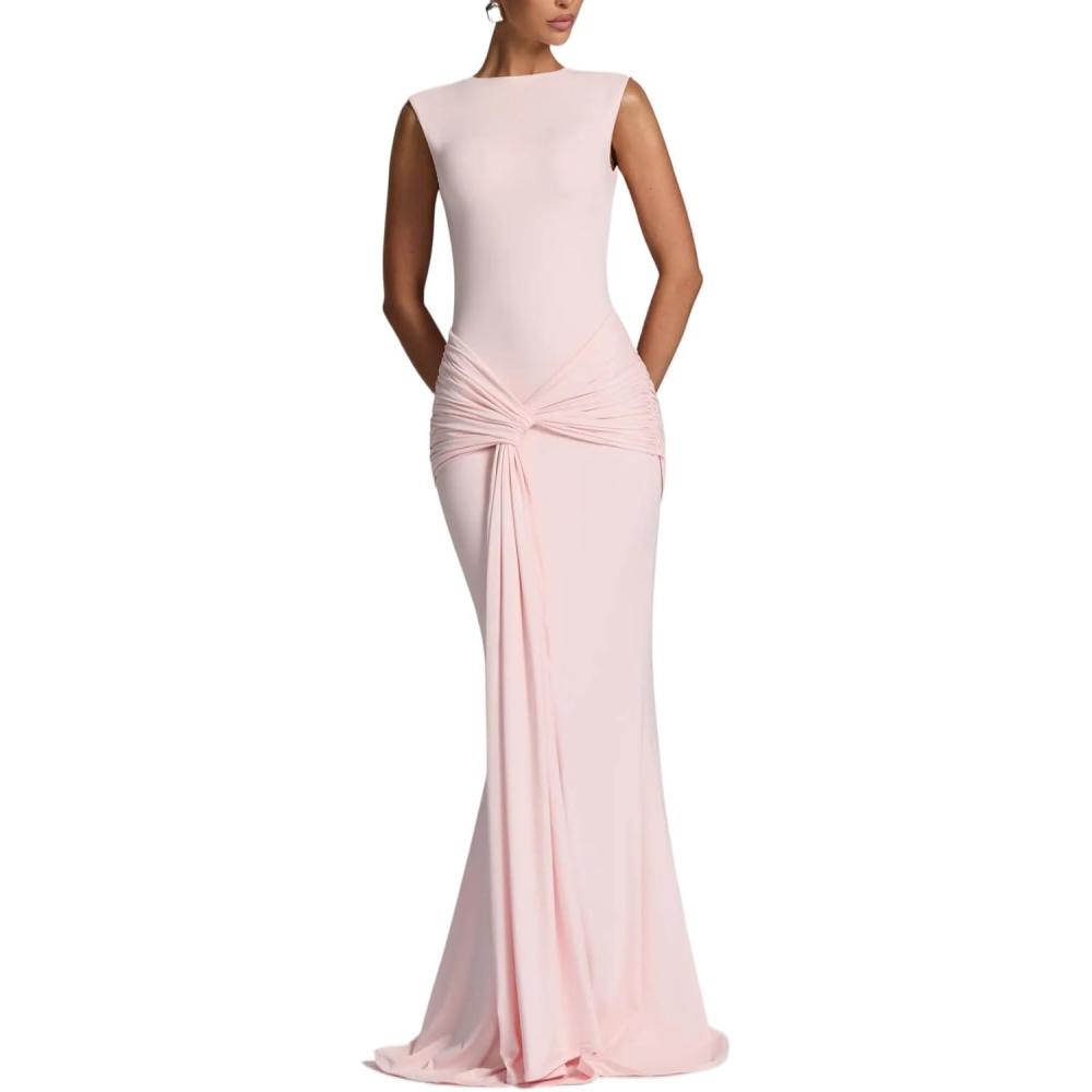 imagemeilun Backless Round Neck Dress HighWaisted Sleeveless SashTie Bodycon DressesPink