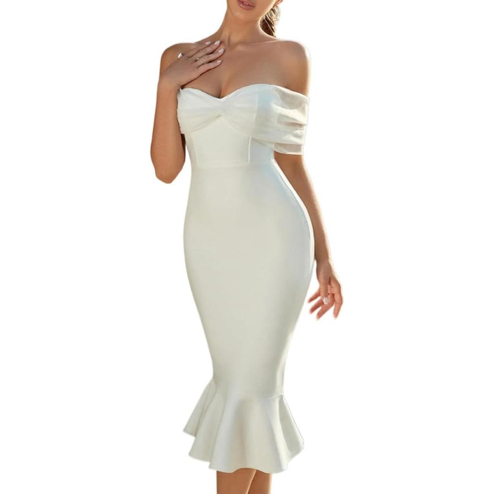 imagemeilun Bandage Dress One Shoulder Elegant Package Hip Strapless Party Wedding Evening Gowns WhiteS