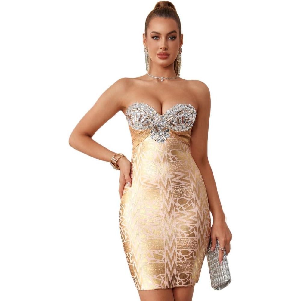 imagemeilun Bandage Dress Shiny Diamonds White Sheath Short Dress Party Package Hip Evening GownsBgold