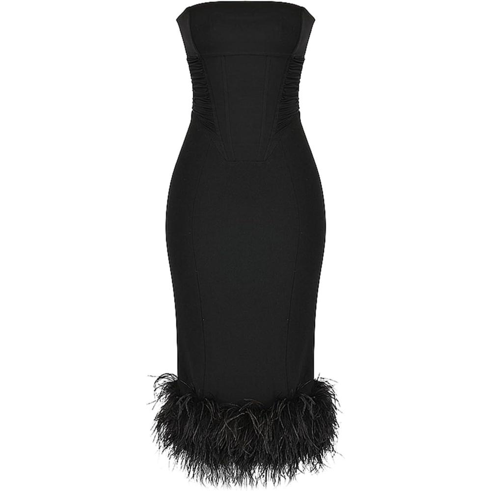 imagemeilun Black Strapless Dress with Feather Trim Dress Cocktail Midi Dresses Wedding Guest DressBlack