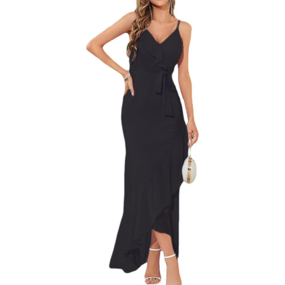 imagemeilun Chiffon VNeck Midi Dress Polka Dot Irregular Vacation Summer Wedding Bridesmaid DressAblack