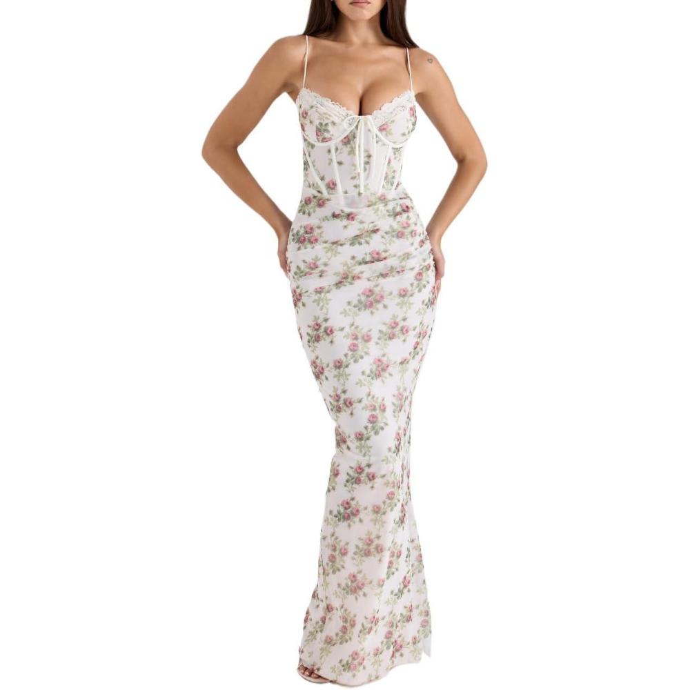 imagemeilun Cream Rose Print Mesh Maxi Dress Fishbone Strappy Seaside Banquet Wedding Bridesmaid DressesBeige