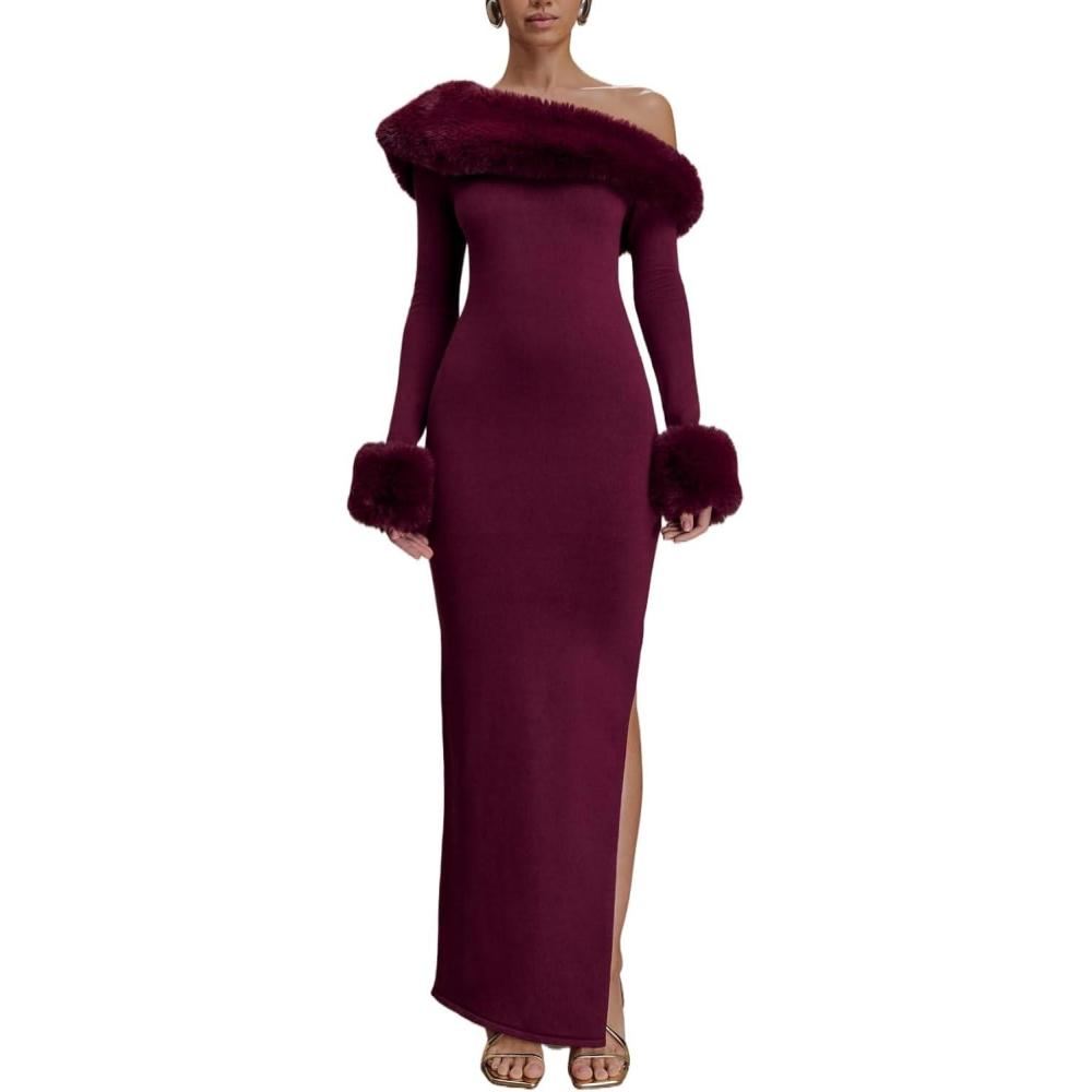 imagemeilun Faux Fur Knit Maxi Dress Feathered AutumnWinter OffTheShoulder DressWine