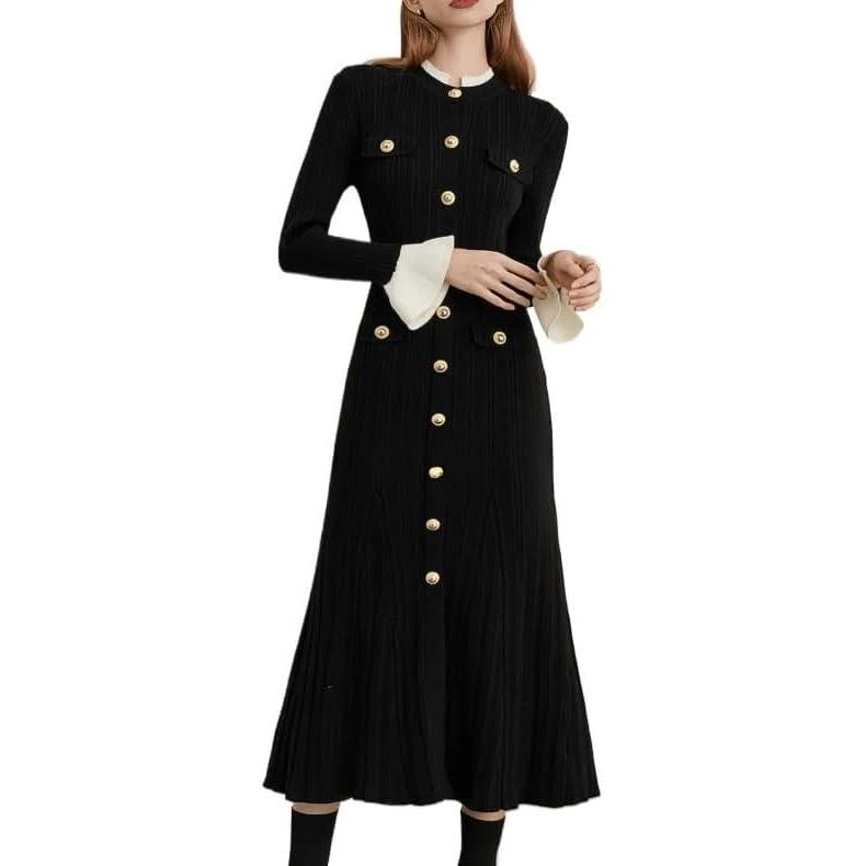 imagemeilun HighNeck Maxi Dress with Long Sleeves Fitted Waist and SingleBreasted ButtonFrontBlack