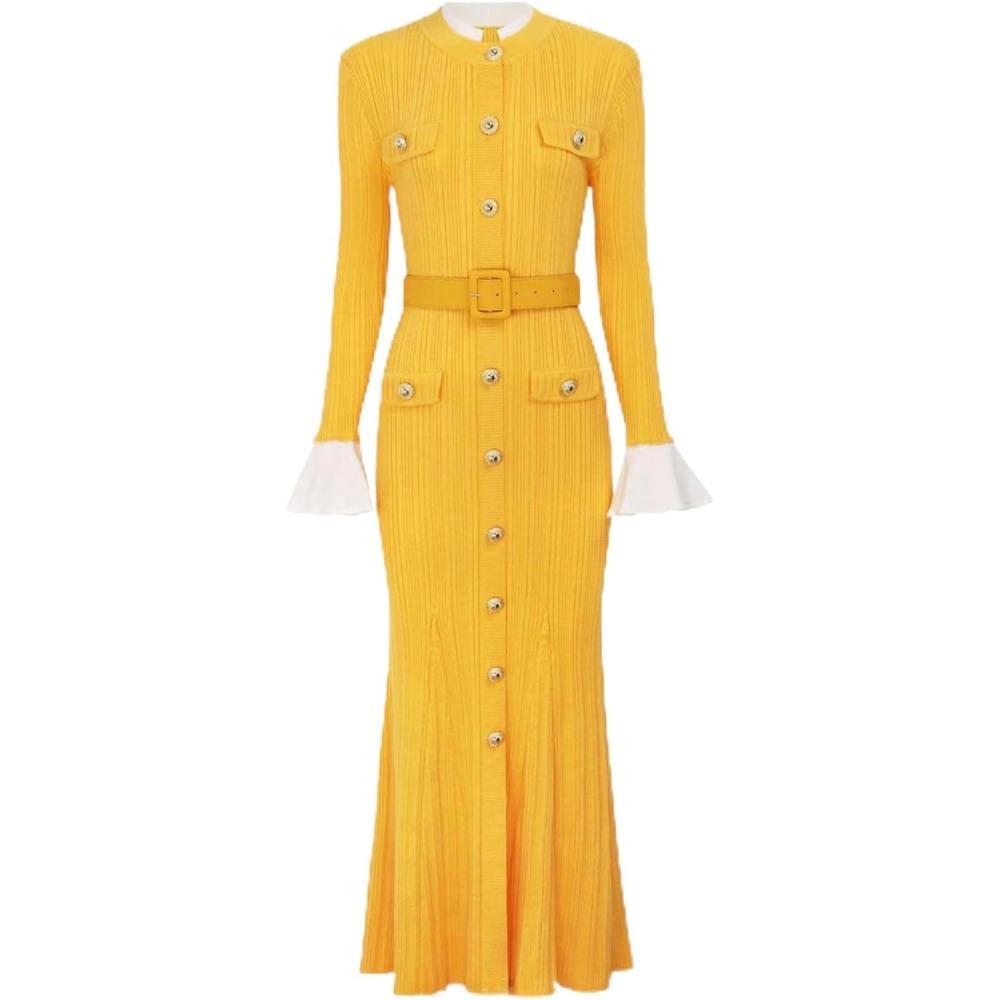 imagemeilun HighNeck Maxi Dress with Long Sleeves Fitted Waist and SingleBreasted ButtonFrontYellow