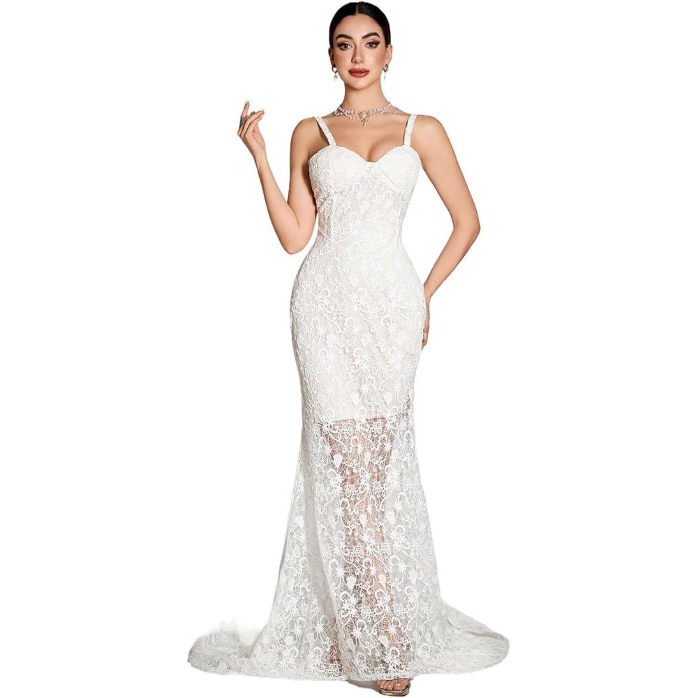 imagemeilun Lace Mesh Maxi Dresses Wedding Bridesmaid Homecoming Party Banquet GownsWhite