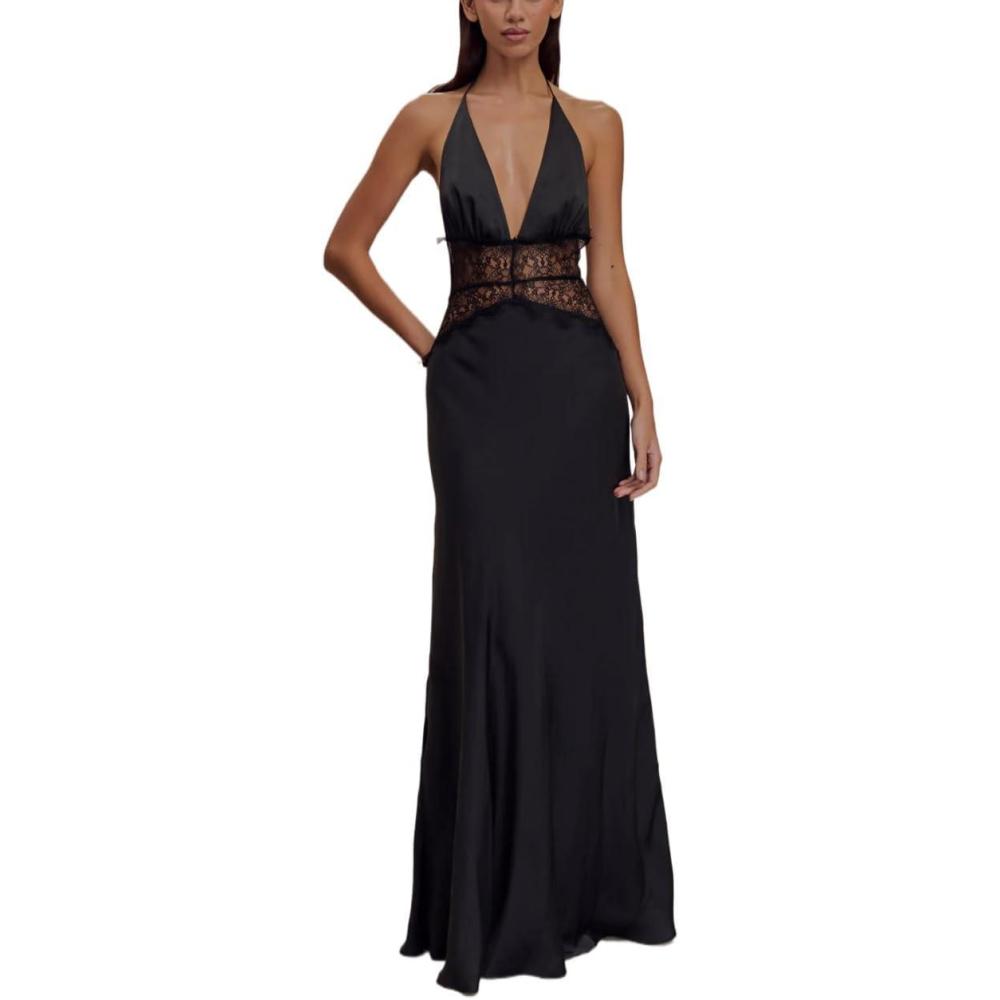 imagemeilun Lace and Satin Maxi Dress Deep V Patchwork Neck Waist Sexy Evening GownsBlack