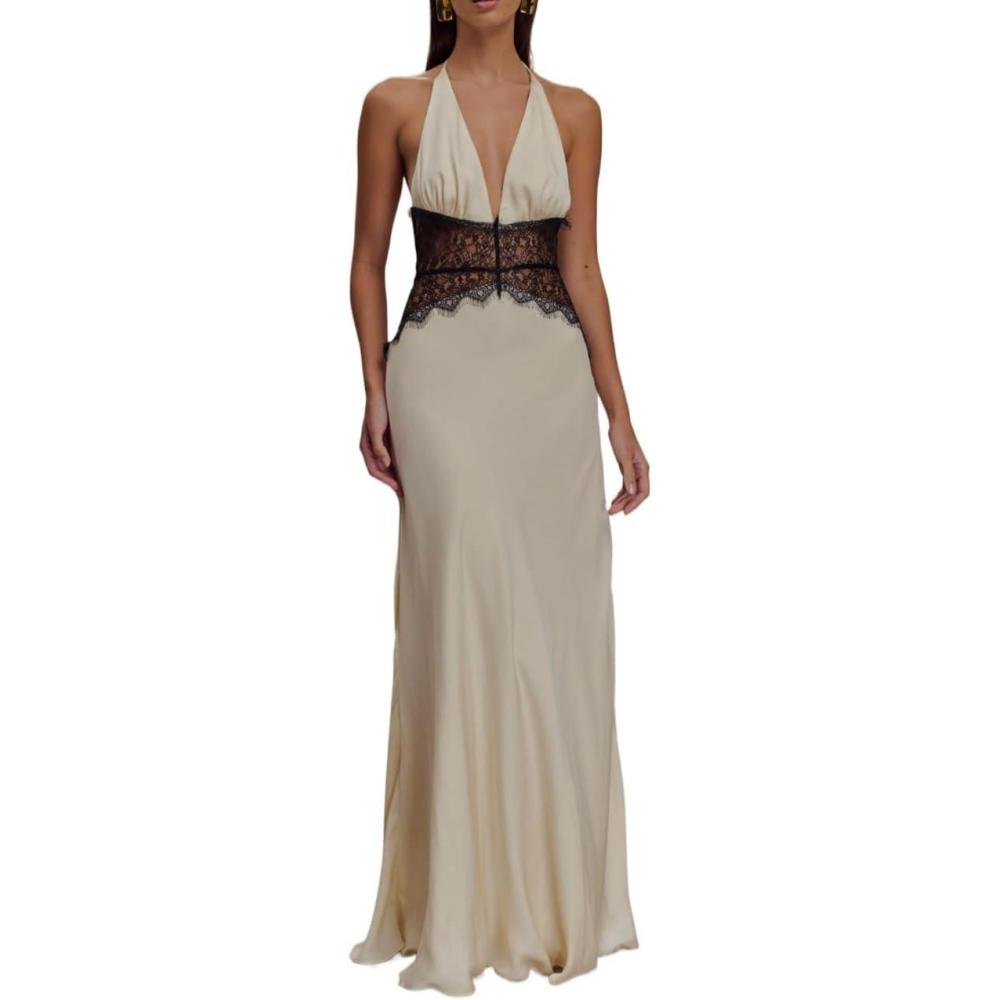imagemeilun Lace and Satin Maxi Dress Deep V Patchwork Neck Waist Sexy Evening GownsWhite