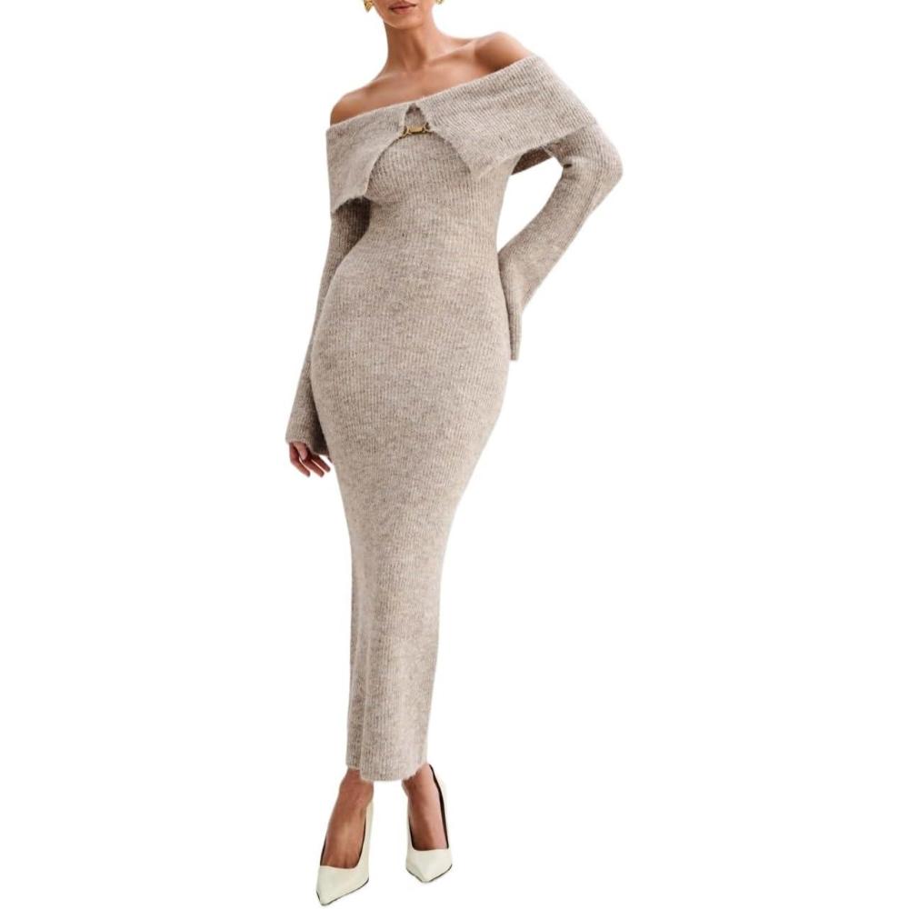 imagemeilun LapelCollared OffTheShoulder Dress Striped Formal Evening Gown Maxi DressBeige