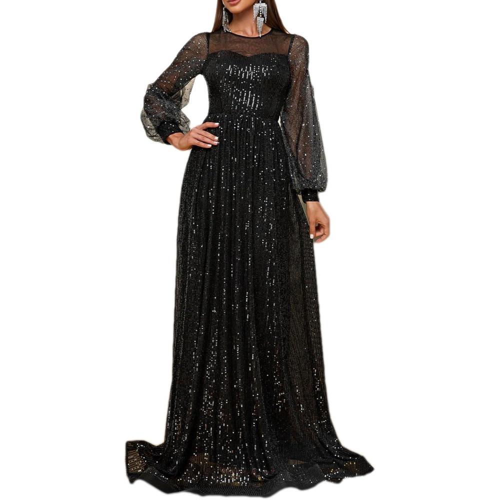 imagemeilun Mesh Long Sleeve Party Dress Sequin Prom Evening Formal Gowns Aline Maxi DressAblack