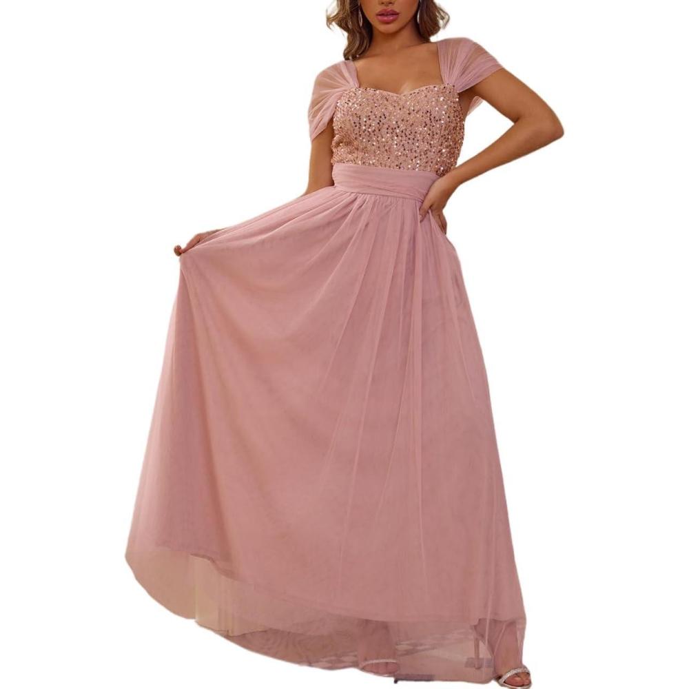 imagemeilun Mesh Sequins Short Sleeve Dresses Anniversary Wedding Dinner DressesPink