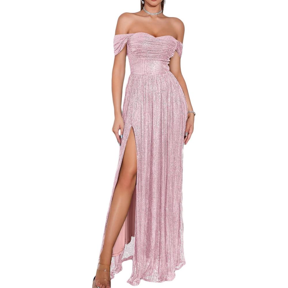 imagemeilun Off Shoulder Formal Maxi Dress for Women Sequin Ruched Bodycon High Slit Evening Gowns Wedding Guest DressApink