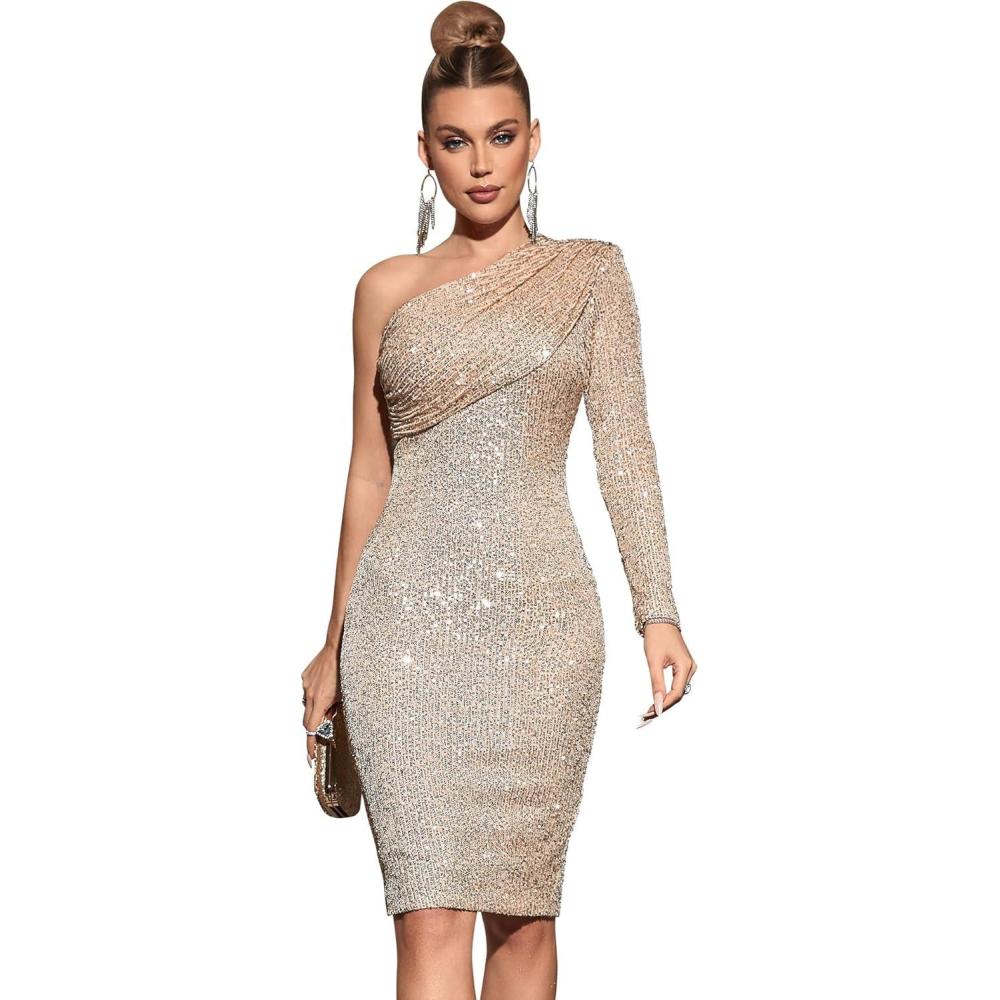 imagemeilun One Shoulder Long Sleeve Sequins Dresses for Women Formal Evening Gowns Bodycon Cocktail Party DressAchampagne