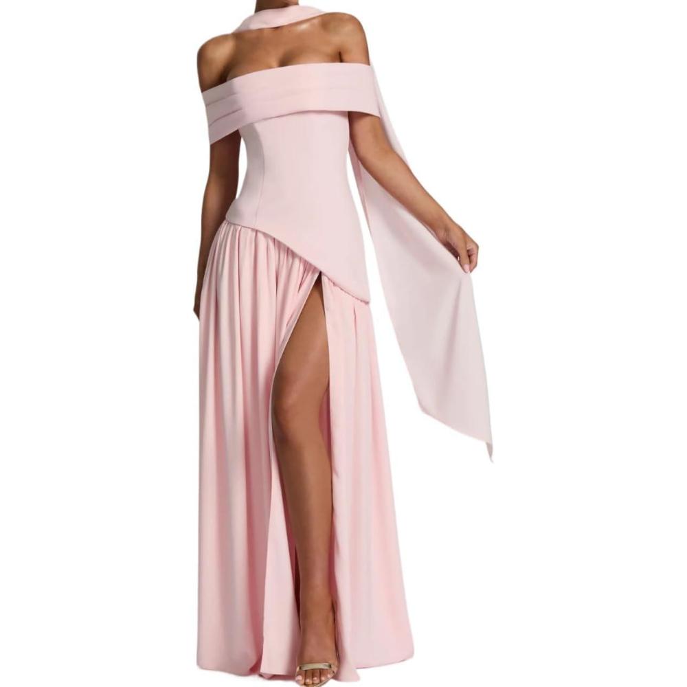 imagemeilun OneShoulder Long Dress with Elegant Asymmetric Slit Vacation Evening GownPink