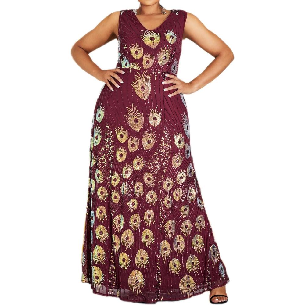 imagemeilun Plus Size VNeck Sleeveless Sequins Formal Evening Gowns Peacock Feather Cocktail Party Long Dress for Wedding GuestAwine