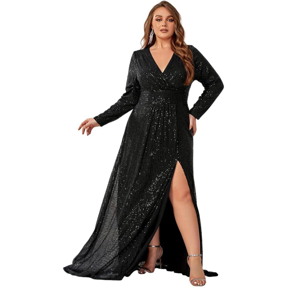 imagemeilun Plus Size Womens Sequinned Evening Gown Wedding and Gala DressBlack