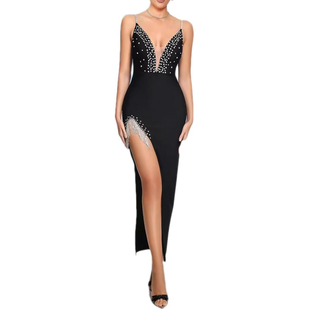 imagemeilun Rhinestones Spaghetti Srap Long Evening Dress Mesh VNeck Slit Bandage Dress Wedding Guest DressABlackL