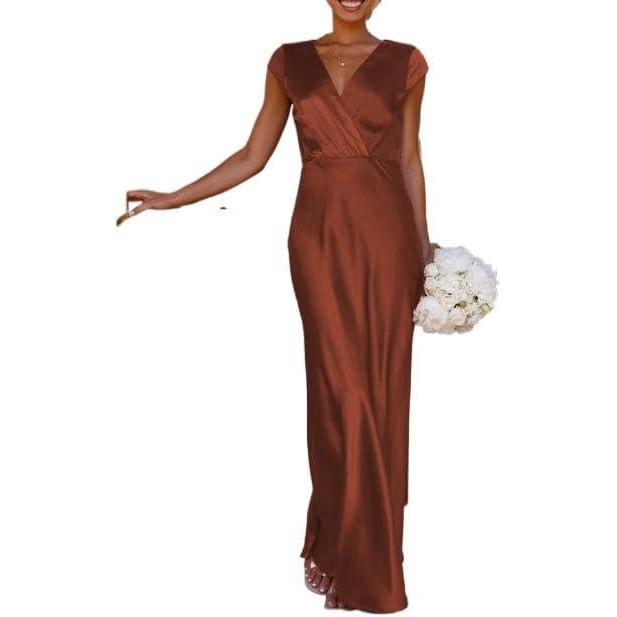 imagemeilun Satin Solid Color VNeck Long Dress with Short Sleeves and Fishtail Hem Elegant Party GownBrown