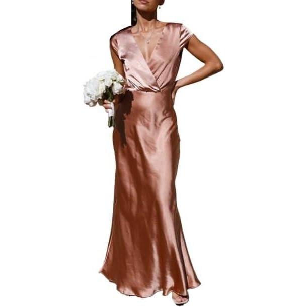 imagemeilun Satin Solid Color VNeck Long Dress with Short Sleeves and Fishtail Hem Elegant Party GownPink