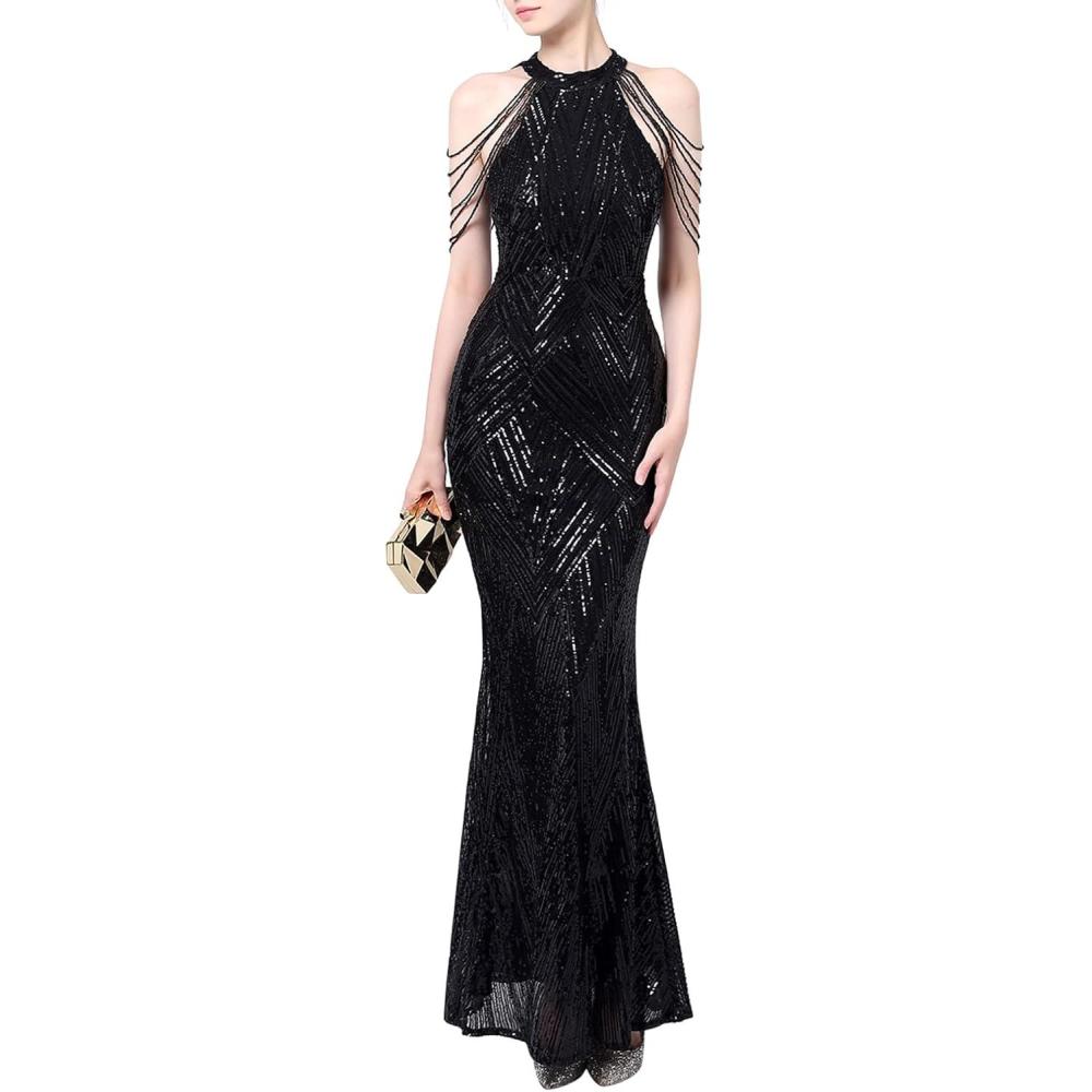 imagemeilun Sequin Maxi Dress with Bead Sleeve Long Gowns Elegant Dresses for Women Evening PartyAblack