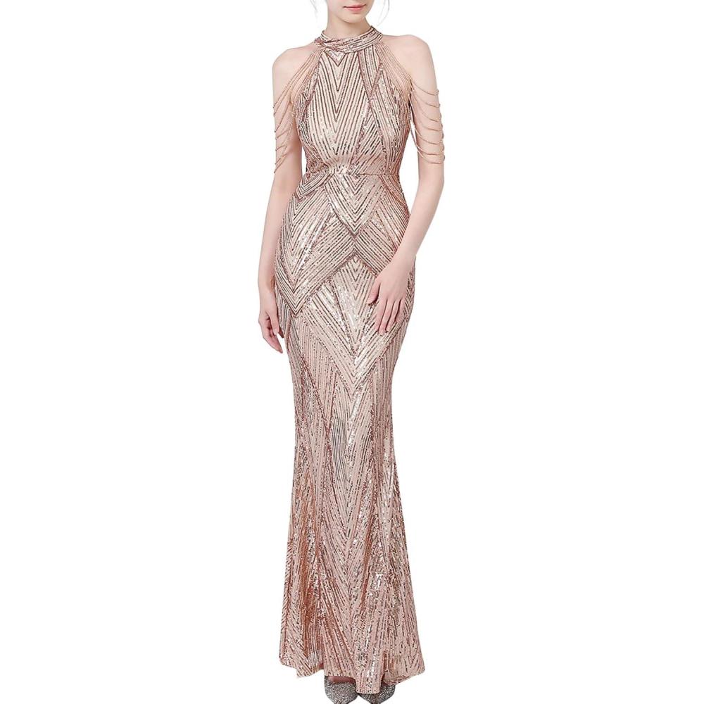 imagemeilun Sequin Maxi Dress with Bead Sleeve Long Gowns Elegant Dresses for Women Evening PartyAchampagne Gold