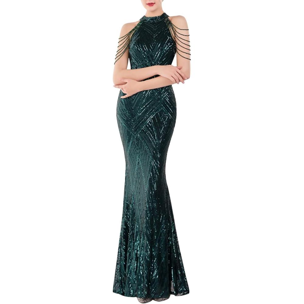 imagemeilun Sequin Maxi Dress with Bead Sleeve Long Gowns Elegant Dresses for Women Evening PartyAgreen