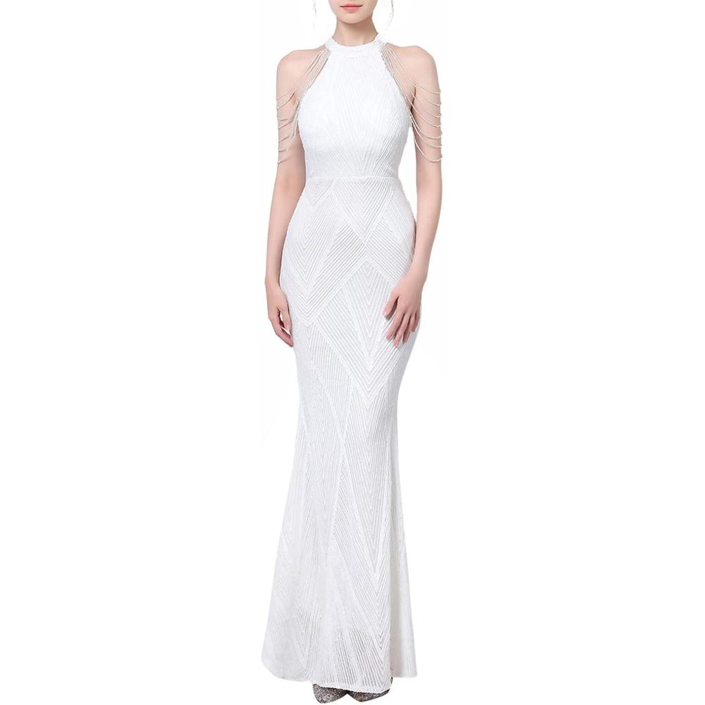imagemeilun Sequin Maxi Dress with Bead Sleeve Long Gowns Elegant Dresses for Women Evening PartyAwhite