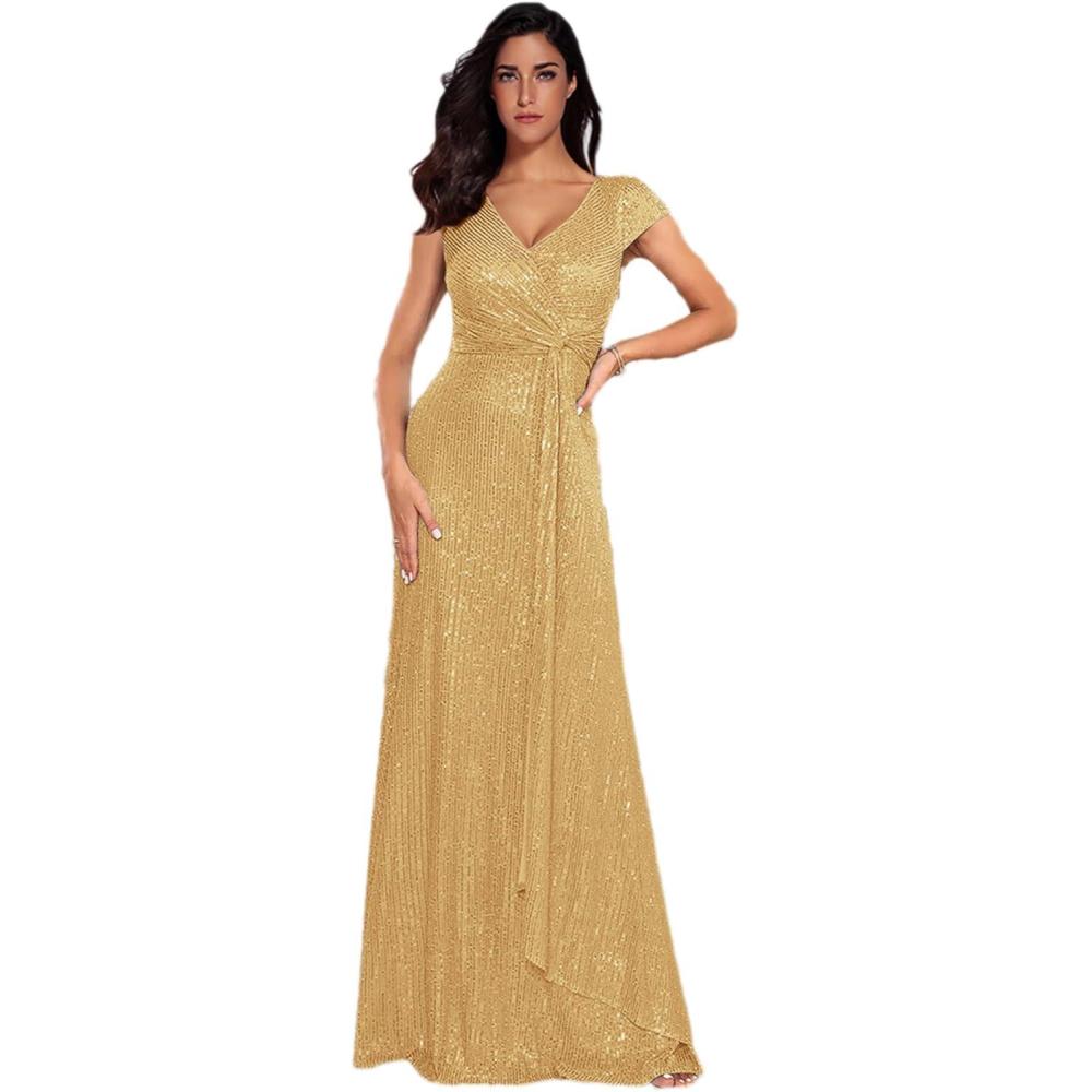 imagemeilun Short Sleeve Sequin Dress for Women Formal Gowns Sparkly V Neck Maxi DressAchampagne