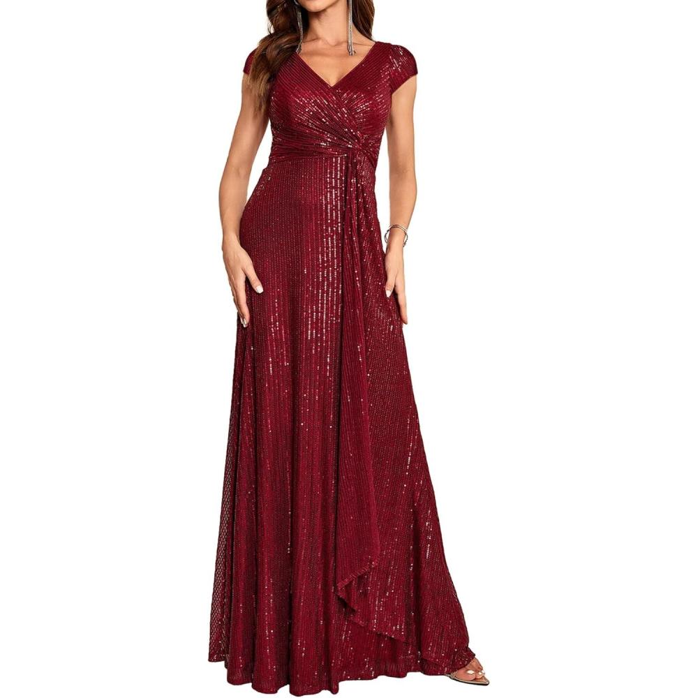 imagemeilun Short Sleeve Sequin Dress for Women Formal Gowns Sparkly V Neck Maxi DressAwine