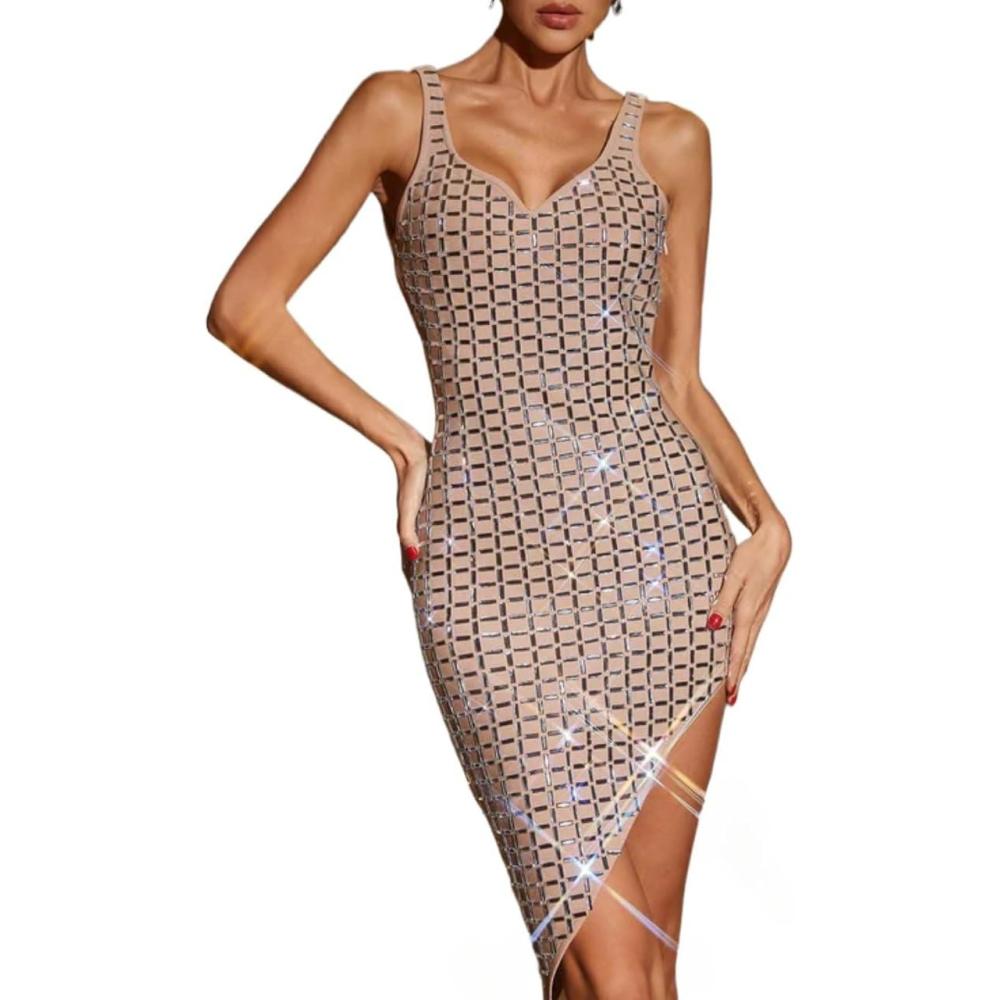 imagemeilun Sleeveless Rhinestone Bandage Mini Dress Deep V Sexy Formal Party Banquet GownsBeigeM