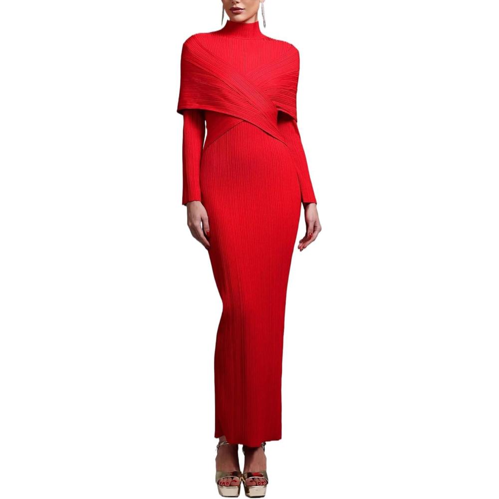 imagemeilun Slim Long Sleeve Pleated Dress Crew Neck Long Sleeve Skinny Bandage DressWine