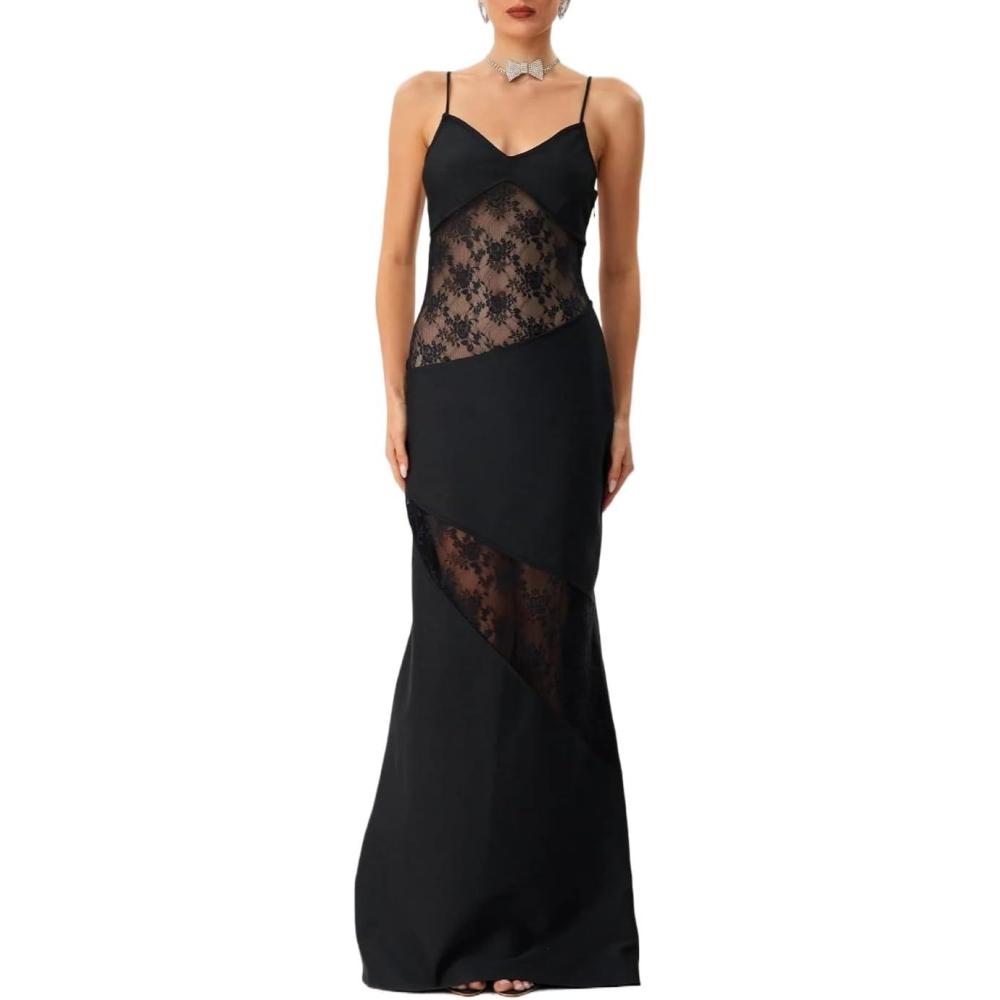 imagemeilun Spaghetti Embroidered Bandage Maxi Dress Lace Sheer Evening GownBlack
