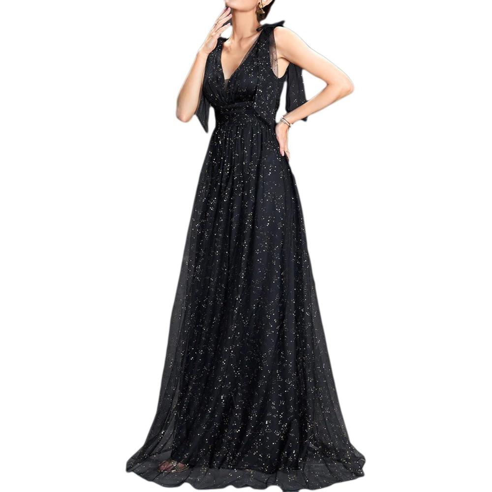 imagemeilun Sparkly Womens KnotBow Strap Formal Dress Evening Gown Wedding Guest Dress Elegant V Neck Bridesmaid Long DressAblack